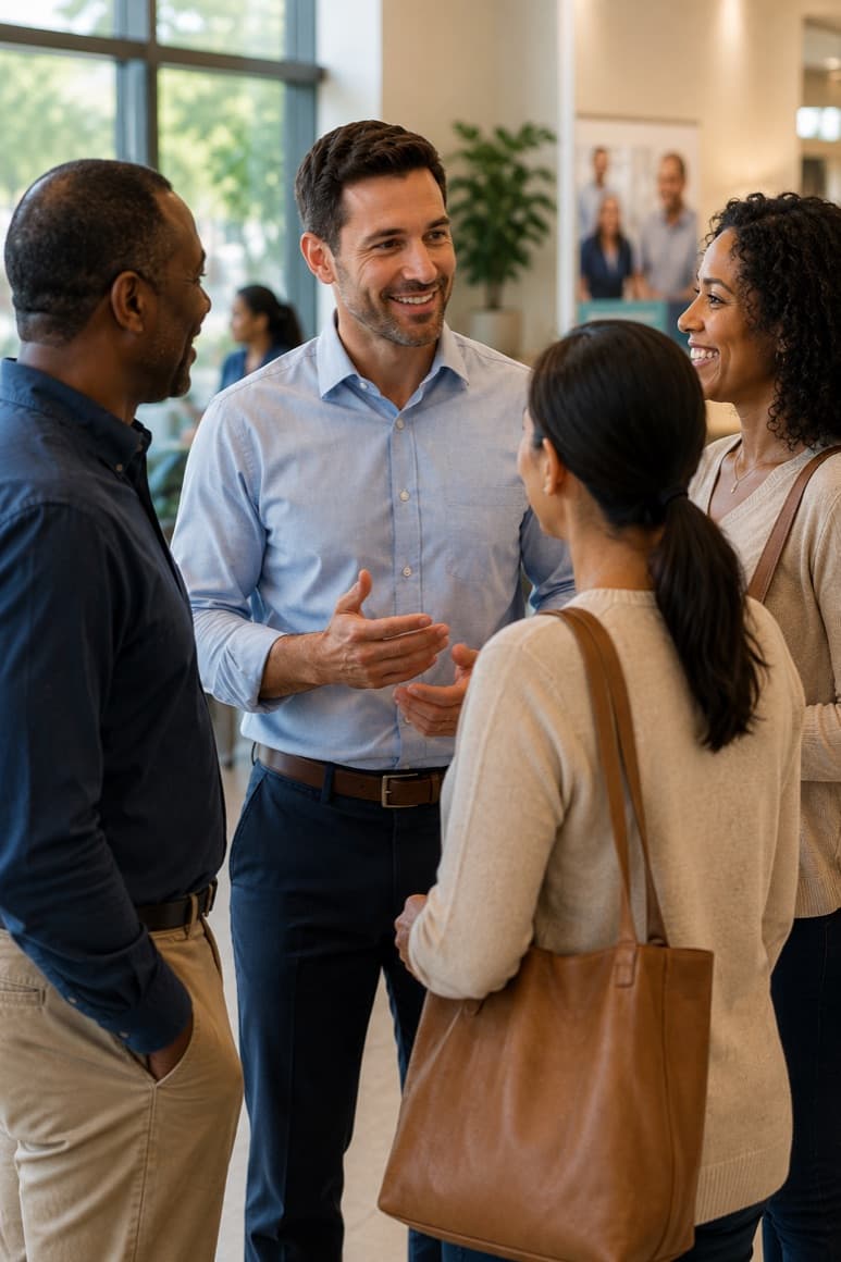 Physicians meeting with employer partners in a clinic lobby